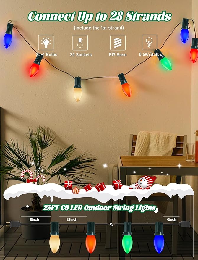 C9 LED Christmas Lights Outdoor 25Ft Outdoor Christmas Decorations String Light Waterproof with 26 C9 LED Multicolor Bulbs, Hanging Vintage Christmas Lights for Patio Roofline Garden Holiday Party
