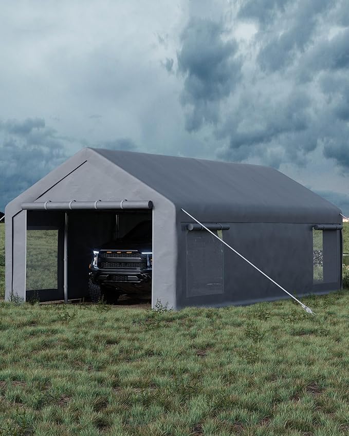 13X25 FT Portable Carport Garage with Roll-Up Windows & Doors, Heavy-Duty 200g PE Tarp, Waterproof & UV Protected Outdoor Shelter for Car, Boat, Truck, Motorcycle