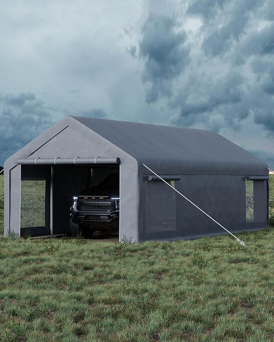 13X25 FT Portable Carport Garage with Roll-Up Windows & Doors, Heavy-Duty 200g PE Tarp, Waterproof & UV Protected Outdoor Shelter for Car, Boat, Truck, Motorcycle