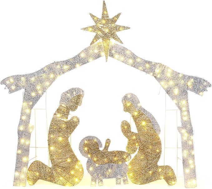 Yescom 6Ft Manger Nativity Scene Outdoor Garden Jesus Decoration Christmas Pre-lit 3D Artificial for Patio Yard Party Event Holiday Display with 190 LED Lights Silver Warm White