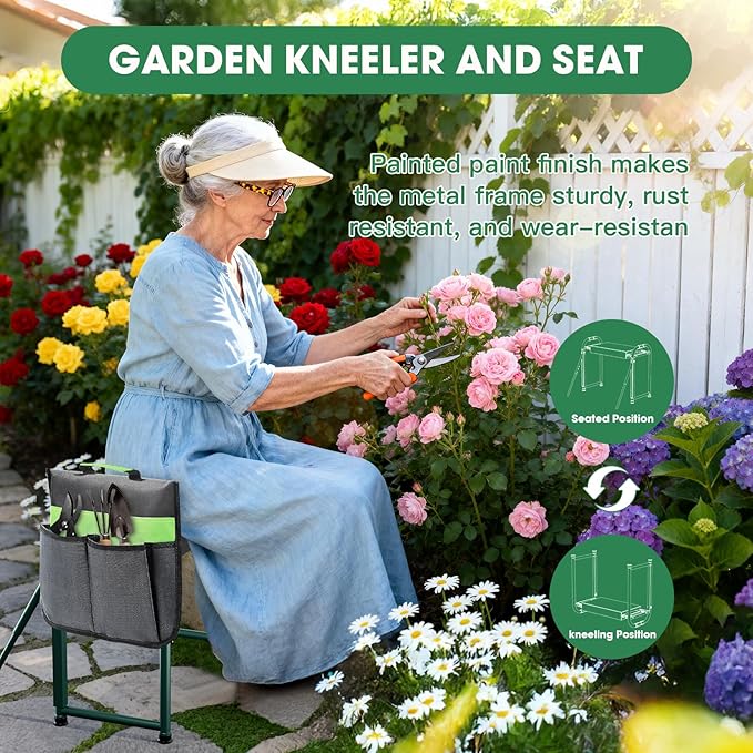Heavy Duty Garden Kneeler and Seat for Elderly, 400lbs Capacity Foldable Gardening Stool with Support Legs & Thick Pad, Includes Large Tool Organizer Bag, Green