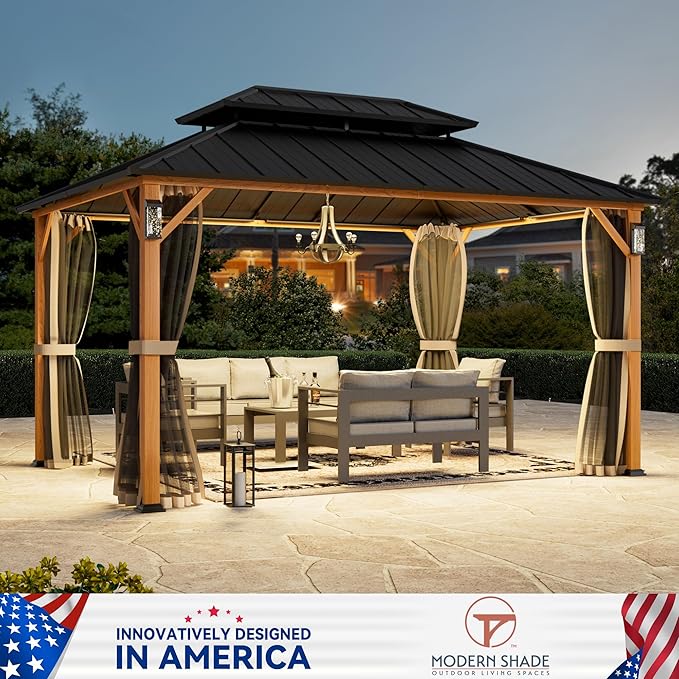 Modern Shade The Horizon Hardtop Gazebo 10' x 14' with 4 LED Lights, Permanent Outdoor Gazebo with Galvanized Steel Double Roof, Grill Pavilion with Decor Hooks, Mosquito Nettings, Wood-Looking