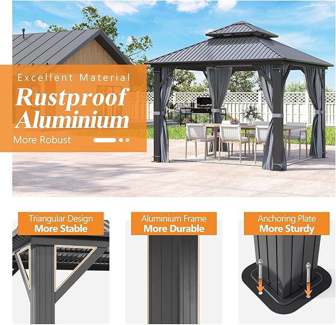 GARTOO 10'x10' Outdoor Hardtop Gazebo with Double Roof - Heavy-Duty Steel Top Aluminum Frame Gazebo with Breathable Netting & Privacy Curtain for Patio, Porch, Garden, Lawn, Deck, Backyard