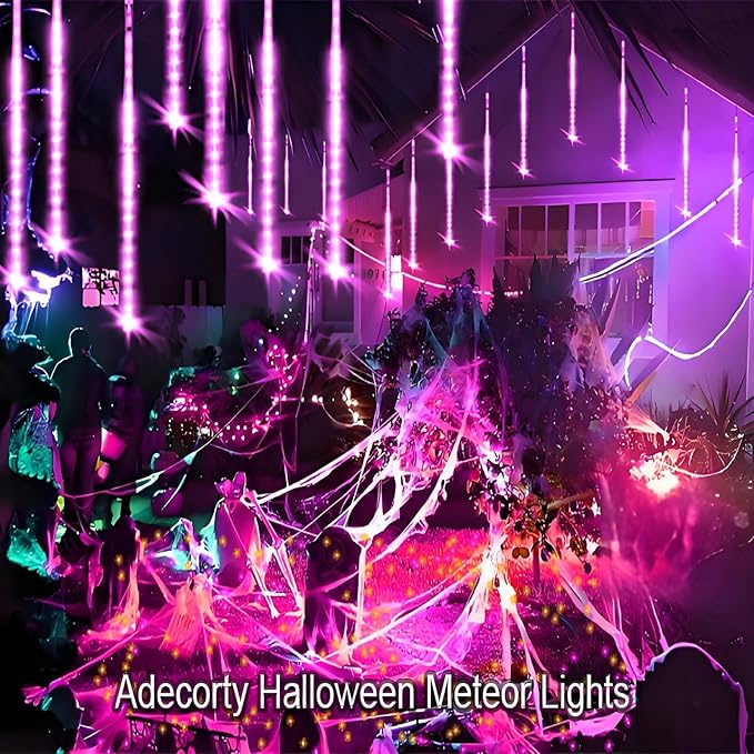 Halloween Lights Outdoor, Purple Halloween Decorations Meteor Shower Light Christmas Lights Outdoor 8 Tubes 192 LED Falling Rain Dripping Icicle Light for Xmas Christmas Decor Party,UL Plug
