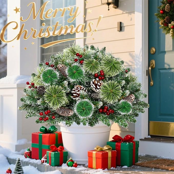 Set of 2 24" Christmas Tree Urn Filler, Prelit 8 Mode Timer 40 LED Lights Xmas Flocked Tree for Porch Driveway Yard