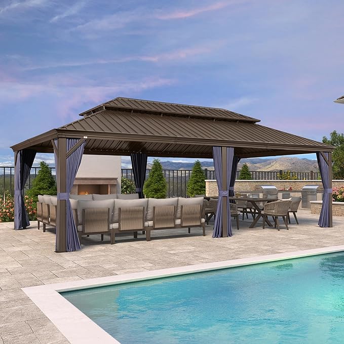 PURPLE LEAF 14' X 24' Outdoor Hardtop Gazebo Patio Wide Aluminum Frame Metal Double Roof with Heavy Duty Netting and Curtains for Permanent Hard Top Pavilion Screen, Navy Blue