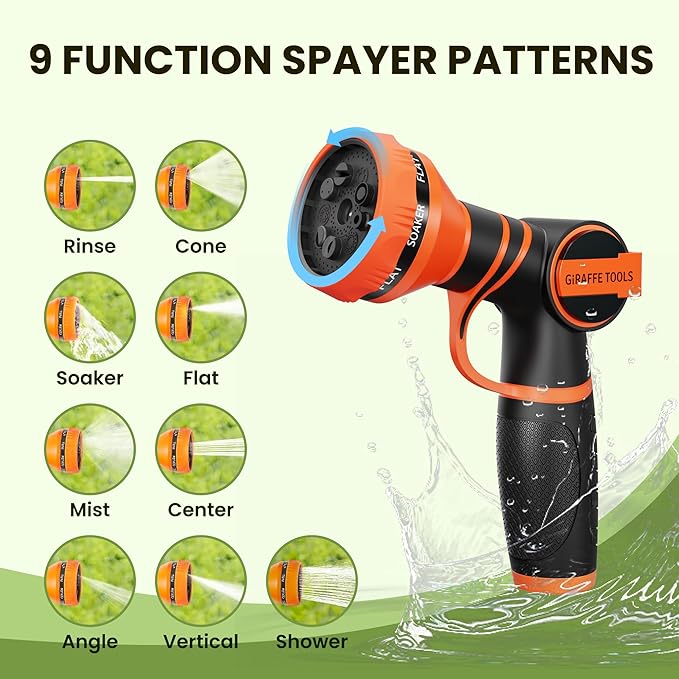 Giraffe Tools Non-Expandable Garden Hose 50FT 1/2¡± Lightweight Flexible Water Hoses Burst 600 psi with 9 Spray Function Nozzle Heavy Duty Hose