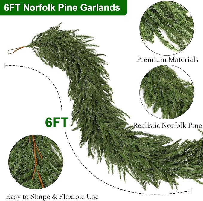 6 FT Artificial Christmas Norfolk Pine Garland, Realistic Greenery Garland for Indoor Outdoor Door Porch Fireplace Wall Staircase Holiday Christmas Decorations
