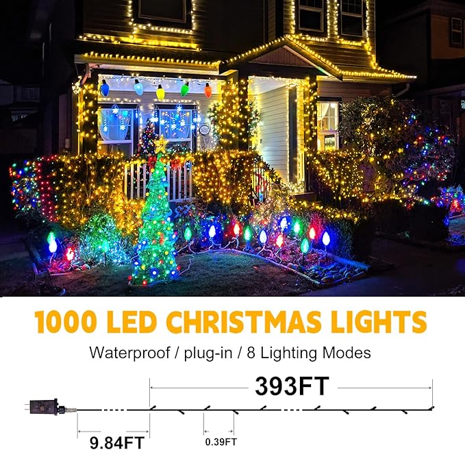 Outdoor Fairy Lights Waterproof, Plug in String Lights with 8 Modes Timer, 393Ft 1000 Twinkle LED Outdoor & Indoor Decor for Girl's Bedroom/Garden/Patio/Yard/Wedding/Holiday Party
