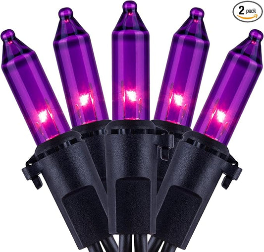 YULETIME 200 Purple Halloween Lights with Black Wire, Pack of 2 Sets 33 ft 100 Count UL Certified Christmas String Lights (Purple)