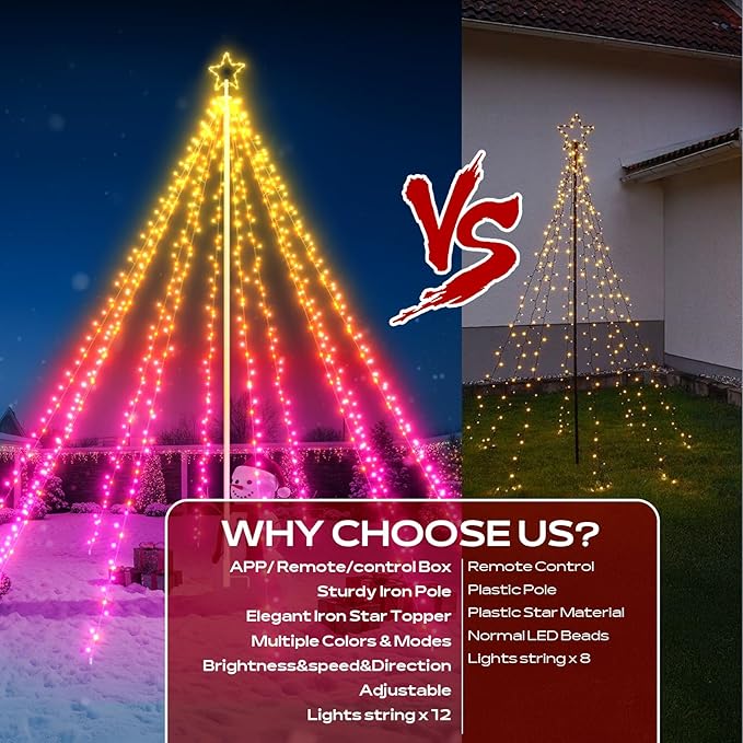 12FT 740LEDs Smart Outdoor Christmas Tree Lights With Sturdy Iron Pole, App Control DIY Color Changing, Music Sync, Timer, 100+ Modes Waterproof Large Star Waterfall Light for Outside Yard Lawn Decor