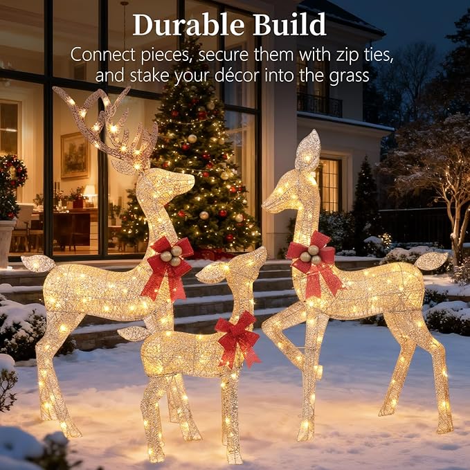 3-Piece Lighted Christmas Deer Family - HOLILITE 4.5ft 3D Pre-Lit Reindeer Outdoor Decorations with 210 LED Lights, Yard/Garden/Patio Holiday Display - Gold