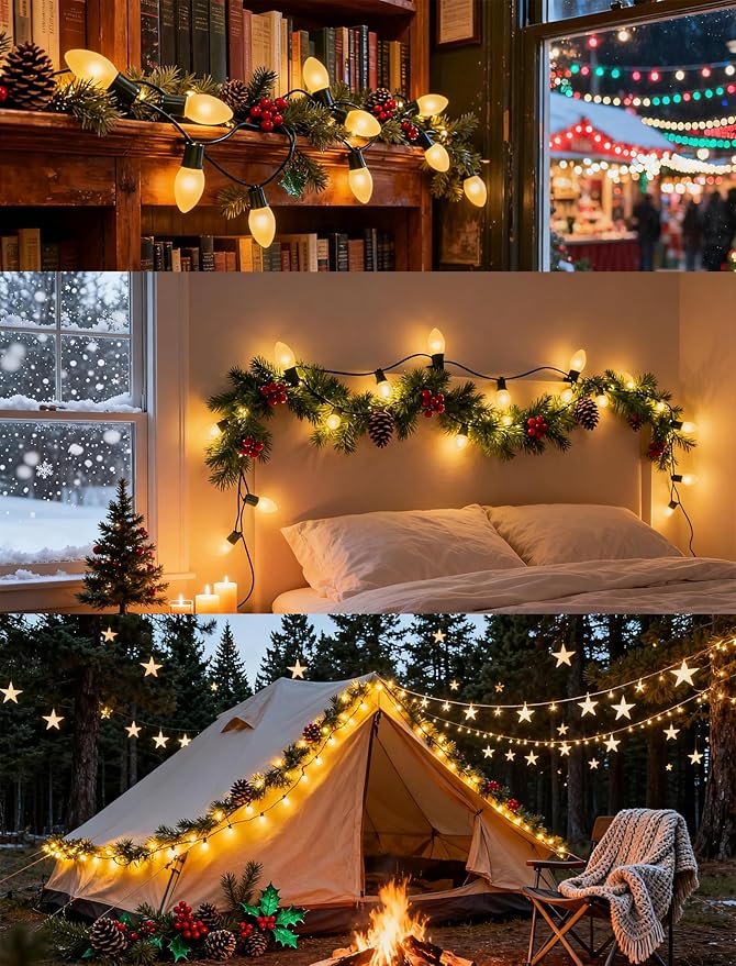 25Ft Frosted White Christmas Lights C9 Vintage Christmas String Lights with 26 Frosted White Bulbs(1 Spare) Hanging Outdoor String Lights for Patio Holidays Christmas Prom Party Wedding- Green Wire