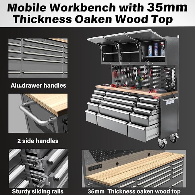 HAUTMEC 72 Rolling Tool Chest, Mobile Garage Workbench, Heavy-Duty Tool Cabinet on Wheels with 15 Drawers, 3 Upper Cabinets, Pegboard & 51 Hooks, Oak Work Surface & Power Strip ? HT0428