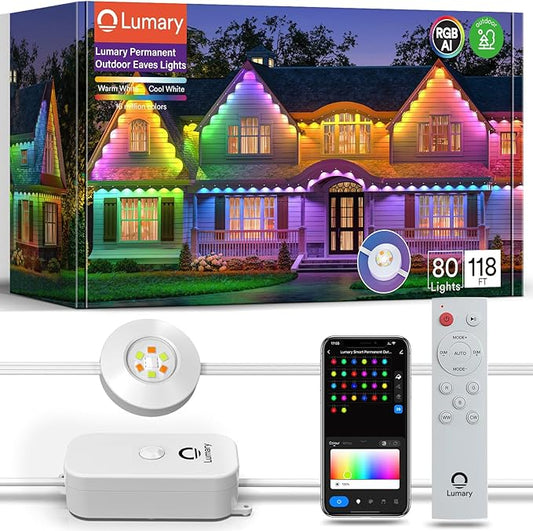Lumary Smart Permanent Outdoor Lights Pro with Remote, 105ft with 80LED 4000lm RGBAICW Eave Lights, IP67 Waterproof, Multi Scenes for Daily Accent Lighting Chirstmas Decor, Work with Alexa Google APP