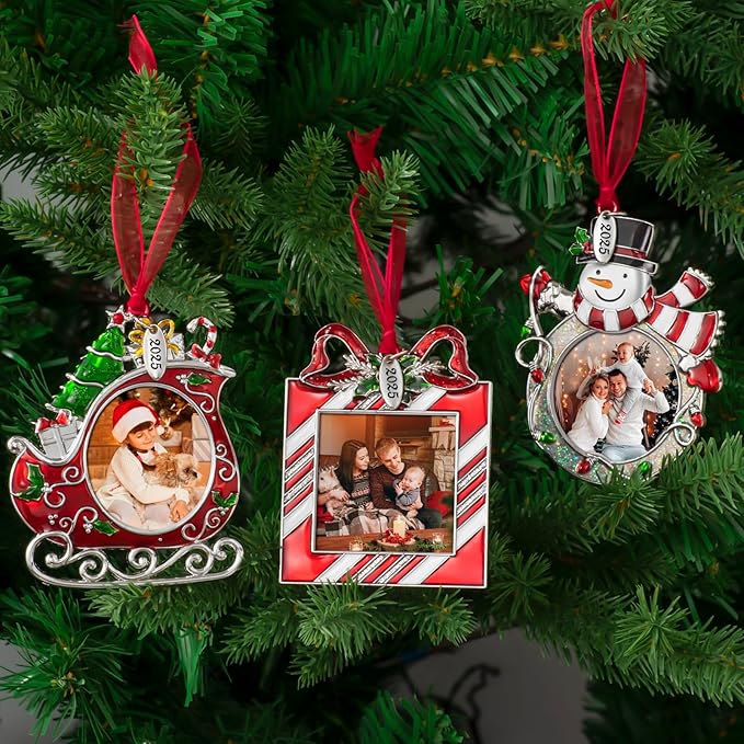 2025 Christmas Tree Ornaments 3 Piece Picture Frame Hanging Ornament Decorative Holiday Keepsake Gift Sleigh Snowman Pendant with 2” Photo Insert for Picture of Pets,Family (Christmas Set)