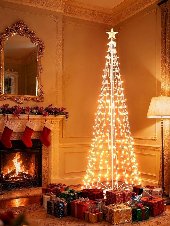 Flacchi Smart Christmas Cone Tree Lights - Star Tree Topper with Removable Bracket, App Control, Sync with Music, Waterfall Colored Lights for Indoor Outdoor Xmas Decorations (7.8FT/ String Lights)