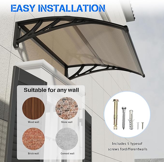 Awning for Door Entrance,32x40 in Window Awnings for Doors Canopy Polycarbonate Cover Patio Door Awning UV Rain Snow Sunlight Protection Hollow Shee