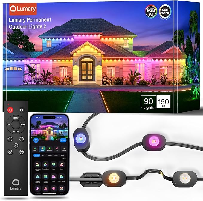 Lumary Smart Permanent Outdoor Lights 2 with Remote, 150ft with 90 RGBAICW LEDs 5400lm for Daily and Accent Lighting, 110+ Scenes for Halloween Christmas Decor, Compatible with Alexa Google, Black
