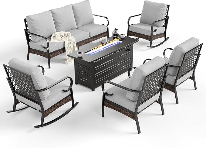 6 Piece Black Metal Outdoor Patio Furniture Set with Firepit Table, Patio Conversation Sets 1 3-Seater Couch, 2 Sofa, 2 Rocking Sofa with 5.75" Cushion for Backyard Deck, Light Gray