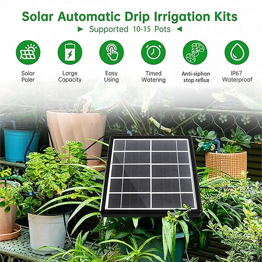Solar Powered Automatic Drip Irrigation Kit with 15 Drippers - IP67 Irrigation System with Programmable Controller and Anti Backflow Siphon Pump for Garden and Landscape Use
