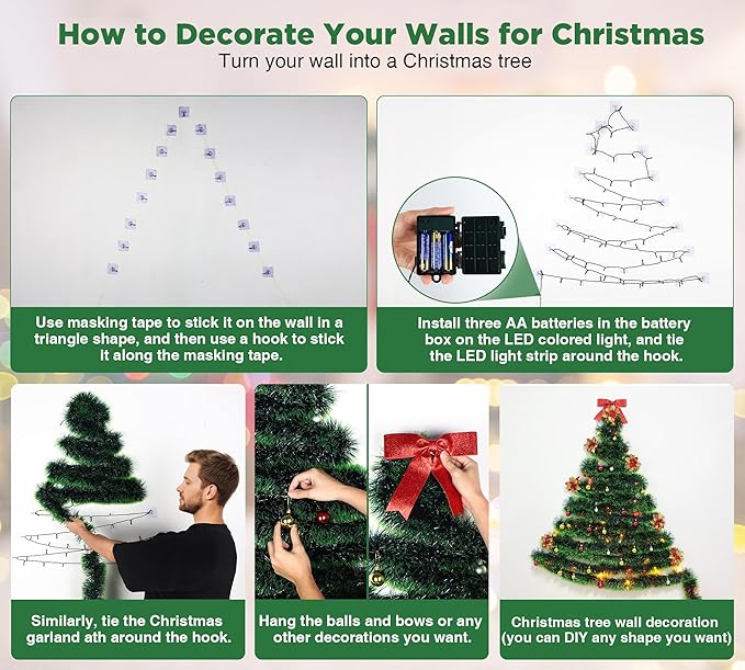 32 Feet Christmas Garland with Lights, DIY Christmas Tree Wall Corner Decor Artificial Garland with Butterfly, Flower and Balls, Battery Operated (Battery Not Included) for DIY Decoration