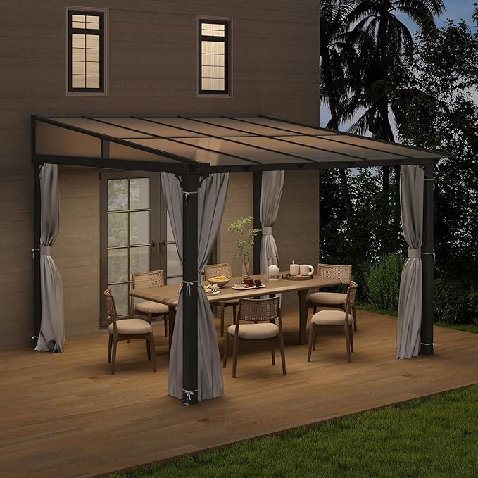 10'x10' Gazebo, Wall Mounted Gazebo with Aluminum Frame, Curtains and Netting for Patio,Decks, Garden and Lawn