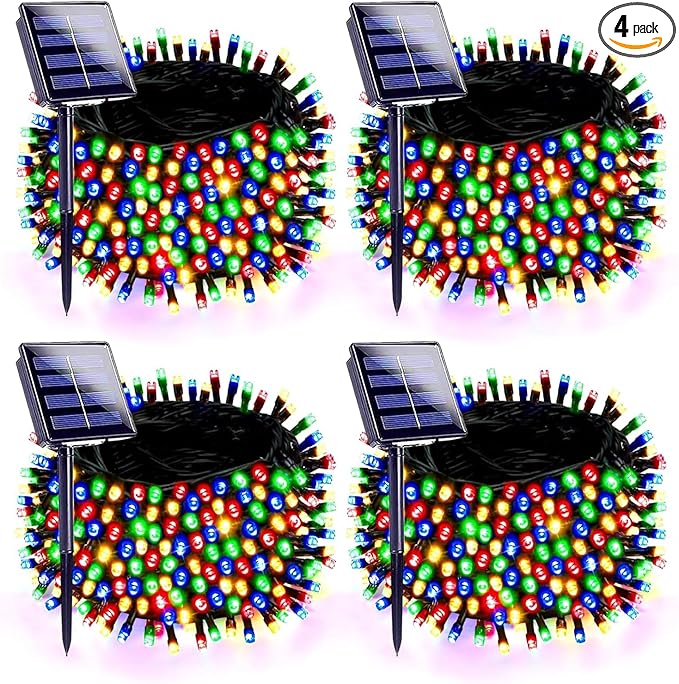 4 Pack 180FT Solar Christmas Lights Outdoor Waterproof, Super Bright 320 LED Solar String Lights with 8 Lighting Modes, Green Wire Solar Twinkle Tree Lights for Outside Xmas Party Yard(Multi-Colored)