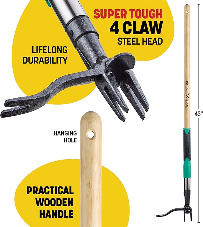 Papa's Tools Weed Puller Tool, 44 Stand Up Weeder Garden Tools & 4 Claw Steel Head, Dual Weed Eject Tech. Made with Real Bamboo & Long Wooden Handle, Yard Weeding Remover for Gardening Men & Women