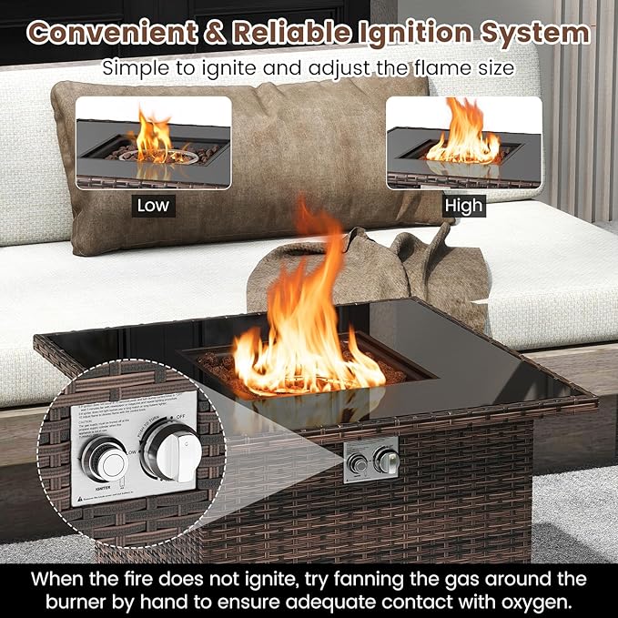 Tangkula 32.5 Inch Propane Fire Pit Table, Outdoor Rattan Gas Firepit with Tempered Glass Tabletop & Stainless Steel Burner, Square Fire Pit with Lava Rocks & Protective Cover for Outside Patio