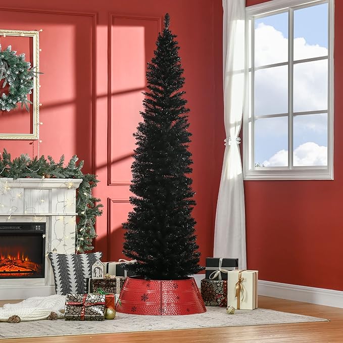 HOMCOM 7' Artificial Pencil Christmas Tree, Slim Xmas Tree with 499 Realistic Branch Tips and Plastic Stand, Black