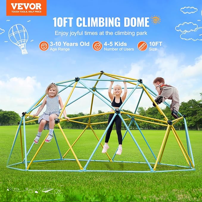 VEVOR Climbing Dome, 10FT Jungle Gym Play Center for Kids 3 to 10 Years Old, Geometric Dome Climber Supports 750LBS and Easy Assembly, with Climbing Grip, Outdoor Backyard Play Equipment for Kids