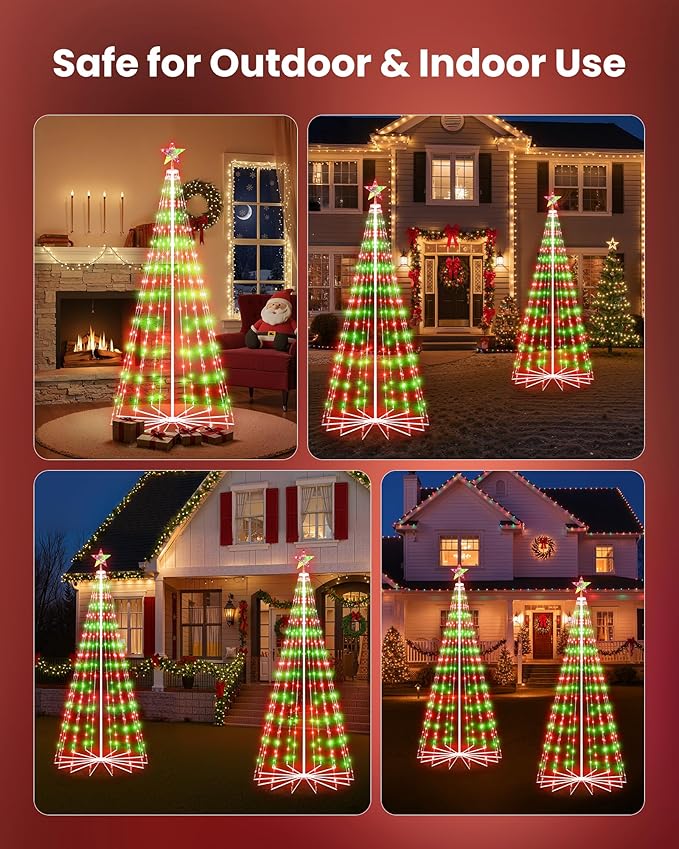 Christmas Cone Tree Light, 7ft 295 LED Light Show Christmas Tree with 8 Modes Timer Remote, Dimmable Artificial Christmas Tree for Porch Yard Patio Indoor Outdoor Xmas Holiday Decor, Red & Green
