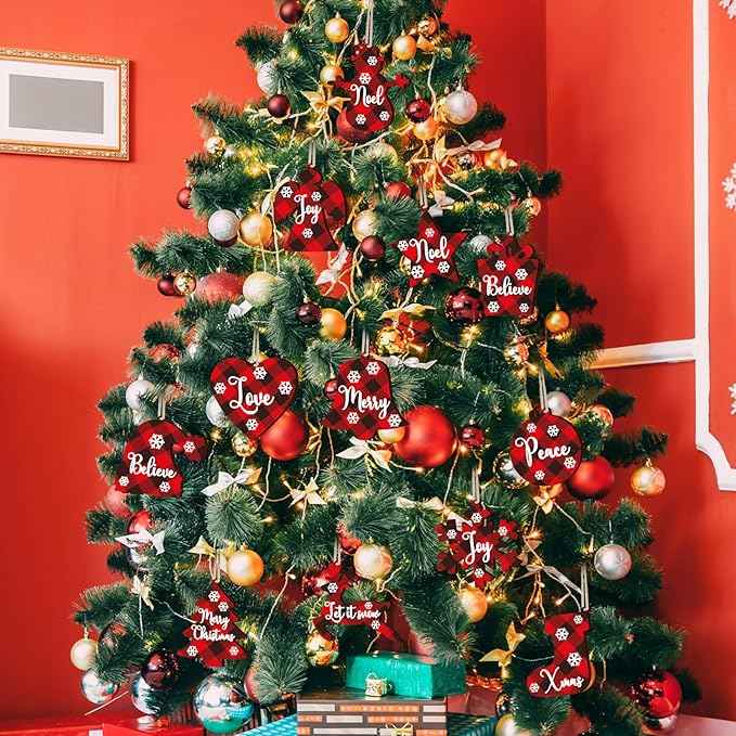 36 Pieces Christmas Buffalo Plaid Ornaments Christmas Tree Wooden Hanging Decor Black and Red Wooden Christmas Ornaments Reindeer Snowman Plaid Christmas Tree Decorations(Multiple Style)
