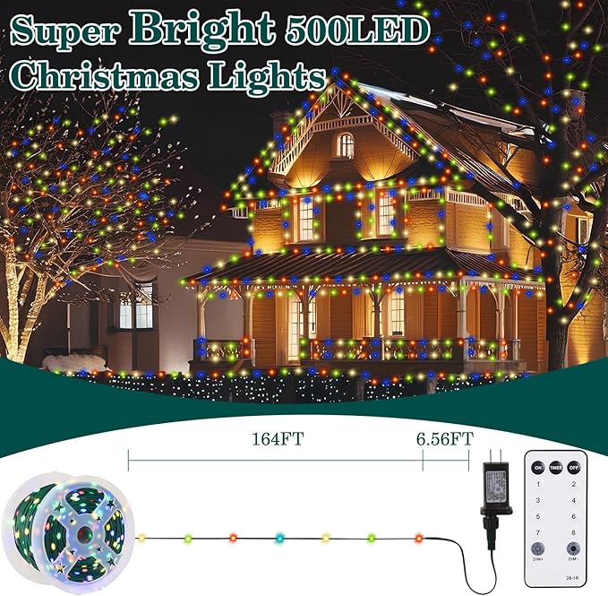 HYH Christmas Lights Outdoor String Lights 500LED 164FT Multicolored Xmas Plug in Fairy Lights Waterproof with Remote for Outside Bush Tree Decor Garden Patio Indoor Balcony Christmas Party