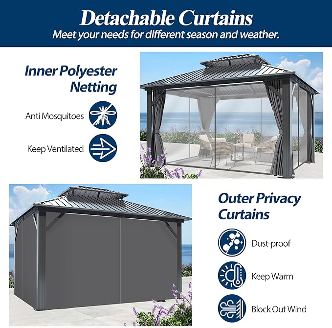 COVERONICS 12' x 14' Outdoor Galvanized Hardtop Gazebo - Aluminum Heavy-Duty Double Roof Vented Gazebo with Breathable Netting & Privacy Curtains for Patio, Porch, Garden, Lawn