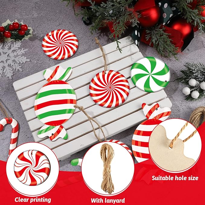 Qunclay 36 Pieces Candy Cane Christmas Ornaments Christmas Wood Hanging Decor Xmas Tree Wood Cutouts Peppermint Decor for Home Party Decoration Supplies (Colorful Candy)