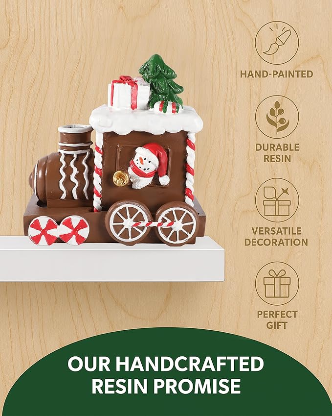 Christmas Train Resin Figurine with Smoke Chimney – Gingerbread-Style Holiday Train with Snowman, Candy Wheels, and Gift Decor – 4.2” Festive Tabletop Decoration (Train)