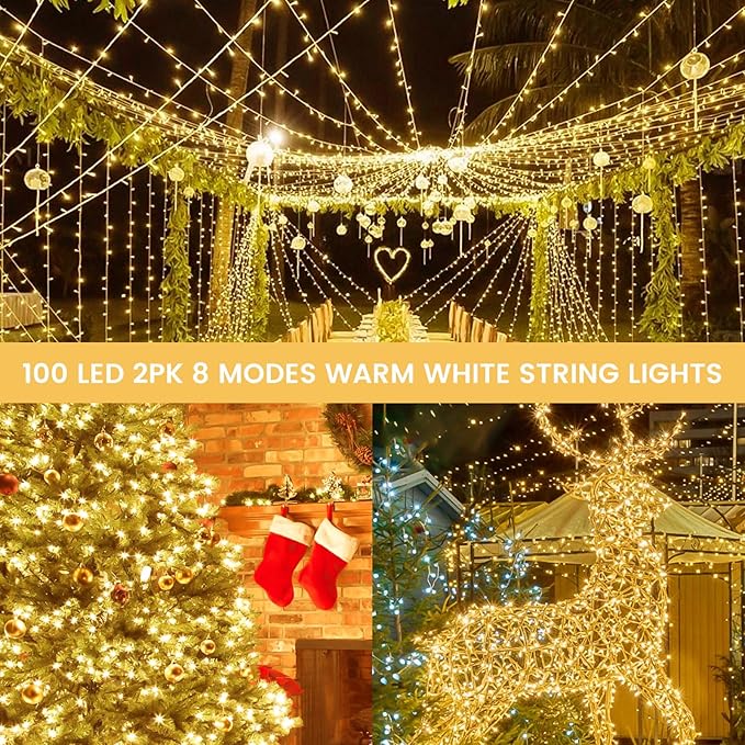 2 Pack Christmas String Lights Battery Operated with Timer, 66FT 200 LED Waterproof Twinkle Lights, 8 Modes Fairy Light for Indoor and Outdoor Bedroom Garland Tree Christmas Decorations (Warm White)