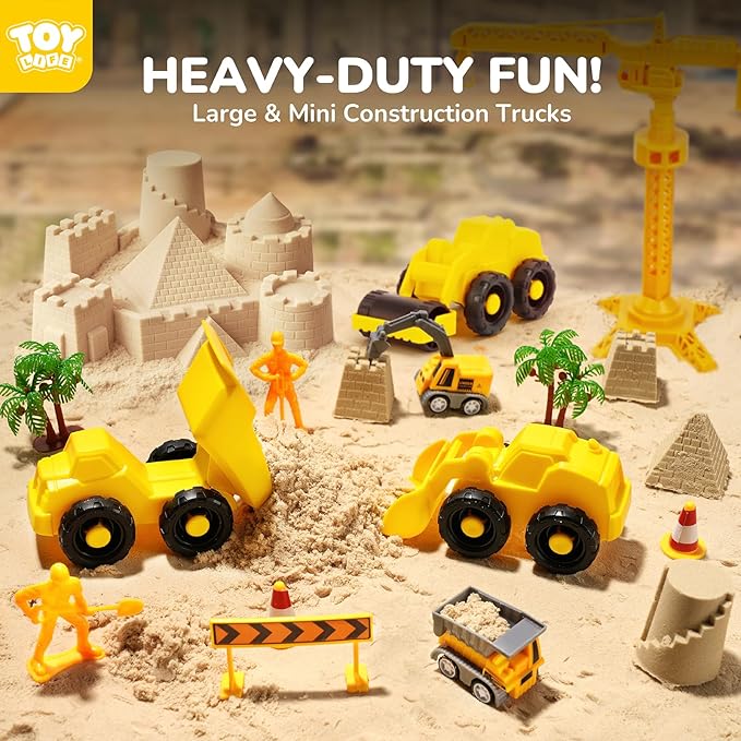 TOY Life 38 Pcs Sand Construction Kit with Big Foldable Sandbox with 2.2Ibs Magic Sand, Trucks, Castle Molds & Beach-Side Mat ? Indoor Sandbox Toy Construction Sensory Bins for Toddlers