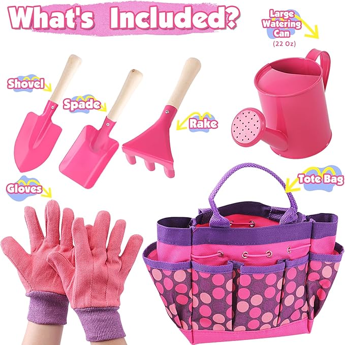 Kids Gardening Tools Set, Toddler Play Kit Child Outdoor Toy with Gloves, Watering Can, Metal Shovel, Rake, Spade & Storage Bag, Backyard Sand Digging Birthday for Boys Girls 3 4 5 (Pink)