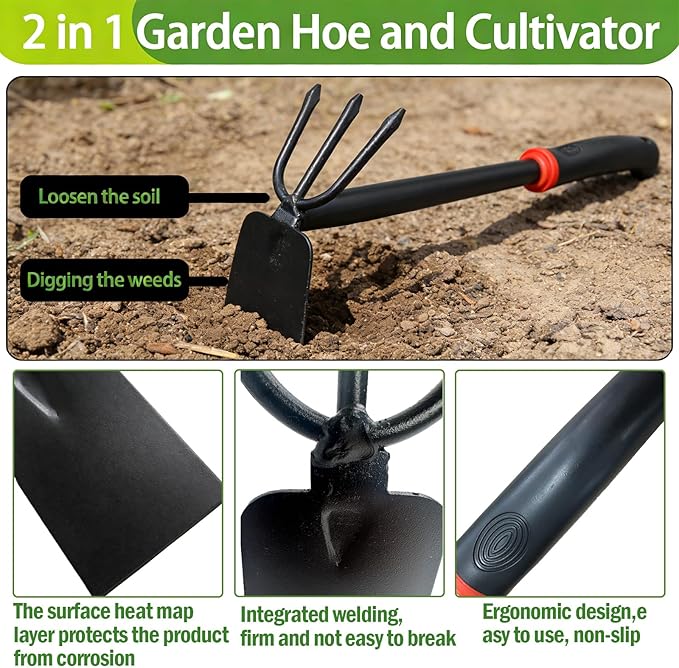 Hoe and Cultivator Garden Rake with Rubber Handle, Hoe & Sturdy 3 Claw Tiller, 2-in-1 Duty Gardening Hand Tools for Digging, Loosening Soil, Weeding, Cultivating