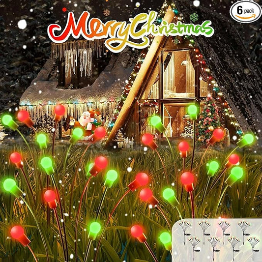 OZS 6Pack Total 48LED Solar Garden Lights Christmas Fairy Outdoor - Solar Firefly Lights Fairy Outdoor, Sway by Wind, Waterproof for Pathway Patio Yard Christmas Decorations(Red&Green)
