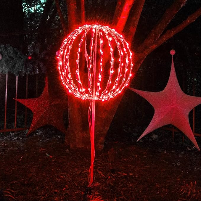 LED Light Ball Indoor-Outdoor Christmas Hanging Tree Globe Light Sphere, Fold Flat Metal Frame (12", White Frame/Red String Lights)
