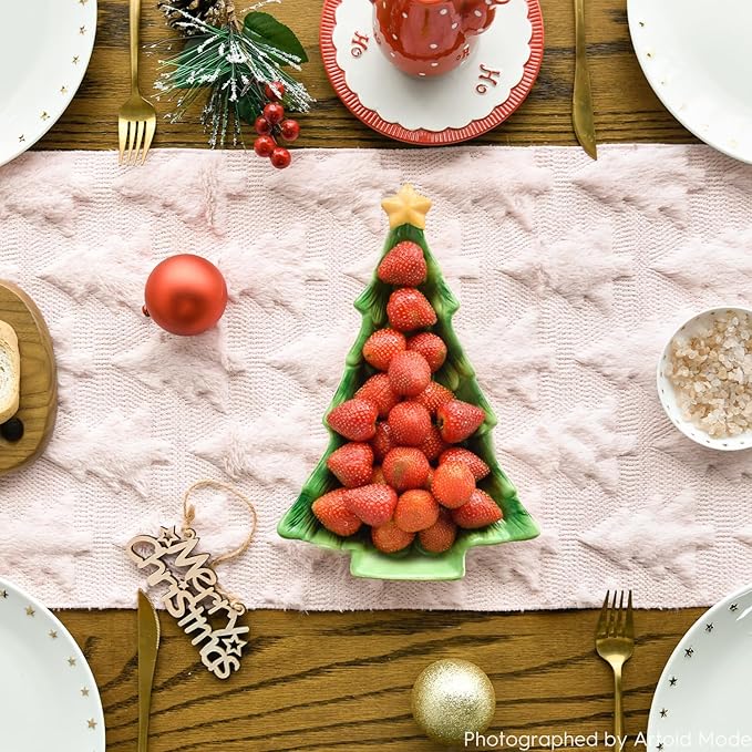 Artoid Mode Christmas Trees Pink Soft Plush Faux Fur Jacquard Christmas Table Runner, Holiday Kitchen Dining Table Decoration for Home Party Decor 13x36 Inch