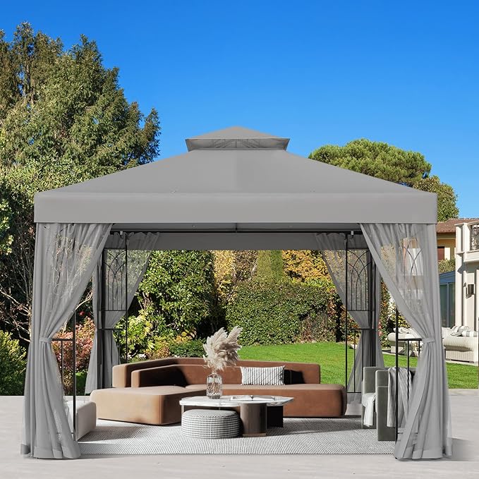 10x10 Outdoor Gazebo Tent with Netting and Corner Shelves, Double Roof Patio Gazebo with Soft Fabric Top, Outdoor Pavilion for Backyard Patio Garden Lawn, Gray