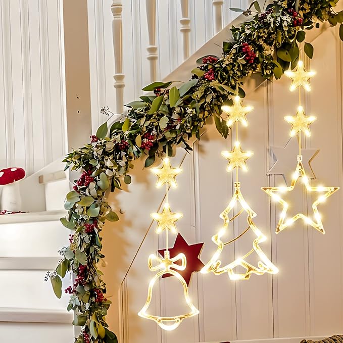 [Timer 3Pcs Christmas Window Lights Decorations,Battery Powered Christmas Hanging Warm White Lighted Tree Bell Star Shaped LED Sucker for Xmas Tree Fireplace Indoor Outdoor Decor