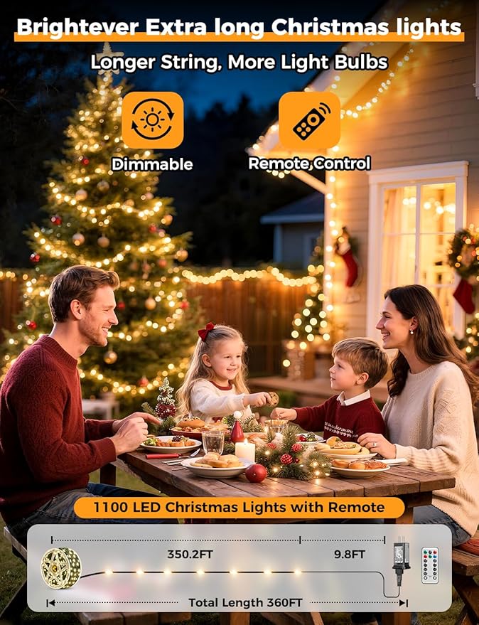 Brightever Christmas Lights for Tree - 1100 Bulbs 360FT, Plug-in Christmas Outdoor Lights with Remote, 8 Lighting Modes, 3 Timers, Dimmable, LED String Light for Indoor Xmas Decorations (Warm White)