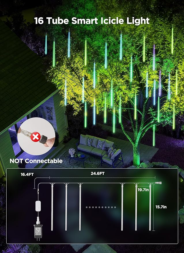 Smart Meteor Shower Lights Outdoor, 16Tube 256LED 24.6ft Color Changing Dripping Icicle Christmas Lights for Outdoor Outside, APP Controlled RGB Customize Display DIY Dynamic Lighting Effec