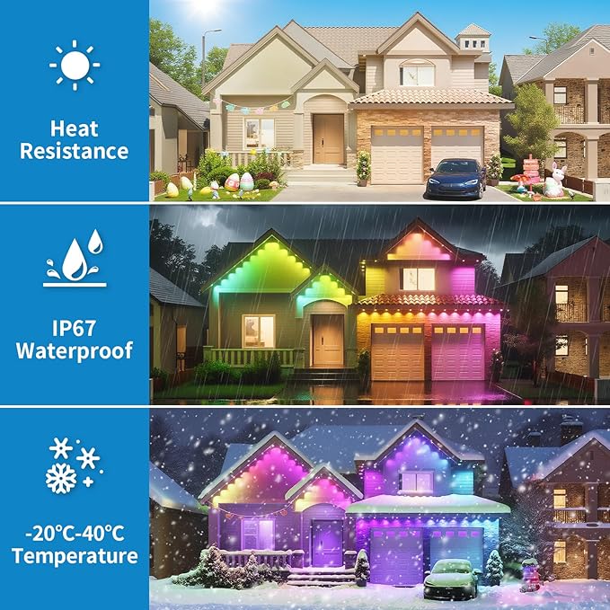 Permanent Outdoor Lights for House, 200ft RGB+IC Smart Outdoor Decor, 50 Scene Modes, App/Remote Control, IP68 Waterproof, RGB Eaves Light for Halloween, Christmas, Party Decor, House Roof Lighting